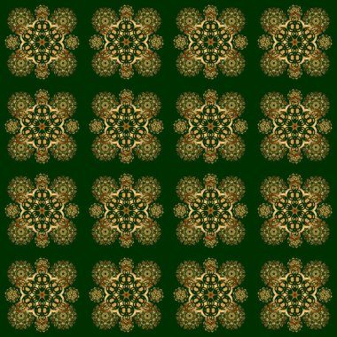 Yeşil arka planda altın elementlerle kusursuz bir desen. Doğu tarzında altın bir vektör süsü. Metin, davetiye kartları, çeşitli yazdırma sürümleri için tasarım.