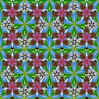 Yeşil, pembe ve mavi renklerdeki elementlerin kusursuz görüntüsü. Vektör çizimi. Duvar kağıdı, sunum, tasarım, baskı veya tekstil için iyi desen.