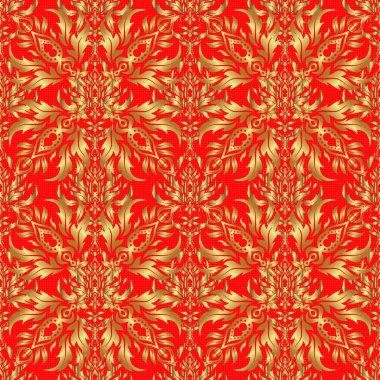 Düşük polimerli altın desenli çizim. Kırmızı arka planda altın rengi, dikişsiz desen. Soyut vektör altın dokusu.