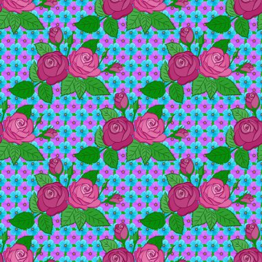 Raster gül çiçekleri ve yeşil yapraklar pürüzsüz desen. Yeşil arka planda kusursuz çiçek deseni.