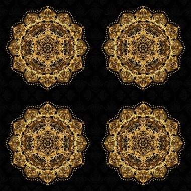 Vektör çizimi. Parlayan Altın Yıldız. Siyah arkaplanda soyut Mandala.