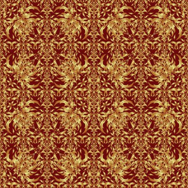 Kırmızı arka planda klasik altın süslemeleri olan kusursuz çiçek kenarı. Altın pürüzsüz desen.