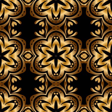 Eski bir süs. Tasarımlarınız ve geçmişleriniz için siyah ve altın desenli taşıyıcı. Ambalaj kağıdı, kumaş veya tekstil için modern geometrik kusursuz desen.