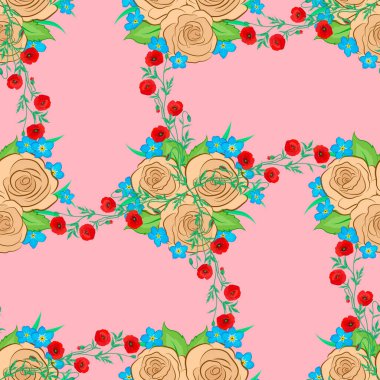 Pembe arka planda soyut, sevimli çiçek deseni. Vektör çizimi. Parlak güzel gül çiçekleri ve dikişsiz yeşil yapraklar..