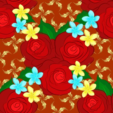 Güzel suluboya güller, yeşil yapraklar, parlak tablolar çiçek desenlerine ilham kaynağı oldu. Kahverengi bir arkaplanda vektörsüz desen.