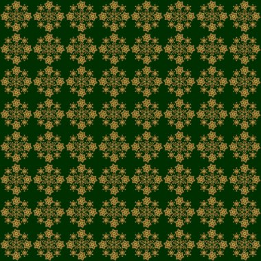 Yeşil arka planda altın elementlerle kusursuz bir desen. Metin için tasarım, davetiye kartları, çeşitli baskı sürümleri. Doğu tarzında altın bir süs..