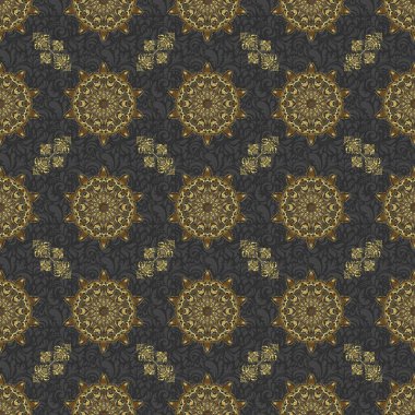 Gri bir arka planda stilize dalgalarla altın süslemenin lüks, pürüzsüz deseni. Vektör illüstrasyonu.