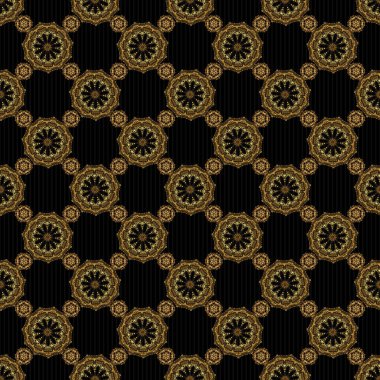 Altın antika süslemeli siyah bir arkaplanda vektörsüz desen.