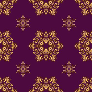 Dijital kağıt, tekstil baskısı, sayfa dolumu için kullanılabilir. Geleneksel Noel renklerinde kusursuz bir desen. Altın geometrik süslemeli soyut mor arkaplan.