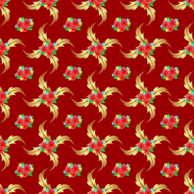 Vektör çizimi. Dekoratif gül çiçekleri ve kırmızı arka planda yeşil yapraklı kusursuz arkaplan deseni.