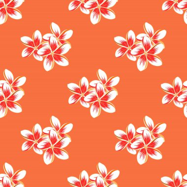 Şekillendirilmiş plumeria çiçekleri ve beyaz, turuncu ve kırmızı yapraklı vektörsüz arkaplan deseni.