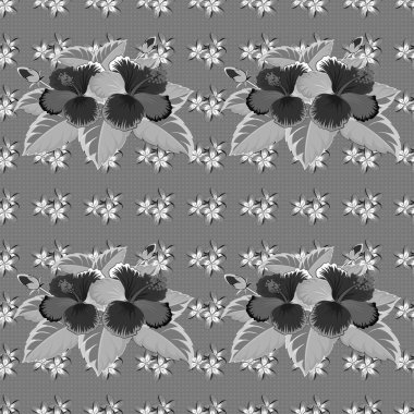 Mavi, siyah ve gri renklerde elle boyanmış bir resim. Vektör tropikal yapraklar ve mavi, siyah ve gri desensiz çiçekler..