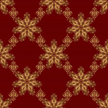 Kırmızı arka planda altın desen. Soyut vektör elementleri ile lüks altın pürüzsüz desen.