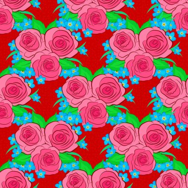 Dekoratif gül çiçekleri ve tekrar eden yeşil yapraklar. Vektör çizimi. Kırmızı arkaplanda çiçek motifleri olan soyut zerafet kusursuz desen.