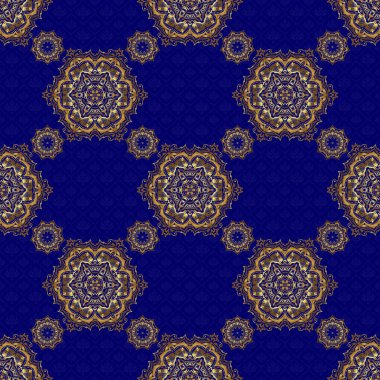 Geleneksel Tayland altın arka planı ve ızgaralı dokusu. Baskı, kumaş ya da tekstil için altın desenli Tayland ipeği tasarımı. Tayland hattı, mavi bir zeminde altın desenli..