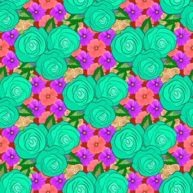Yeşil, mavi ve mor renklerde kusursuz çiçek deseni. Yeşil yapraklı ve çiçekli Motley gülleri. Suluboya kusursuz desen.