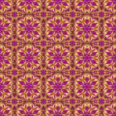 Etnik ve kabile motifleri. Noel geleneksel renklerinde geometrik süslemeli parlak, pürüzsüz desen (mor üzerine altın). Renkli soyut arka plan. Süslü canlı duvar kâğıdı.