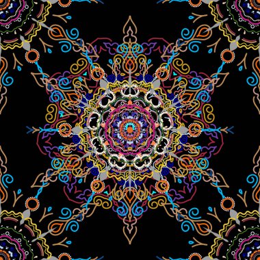 Vektör çizimi. Tasarım, tekstil veya kumaş için turuncu ve mavi renklerde vektörsüz çiçek deseni.