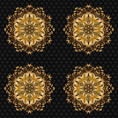 Siyah arka planda İslami altın mandala yuvarlak süs. Vektör mimari Müslüman dokusu tasarımı. Broşürler, Pers motifleri ve davetiyeler için kullanılabilir.