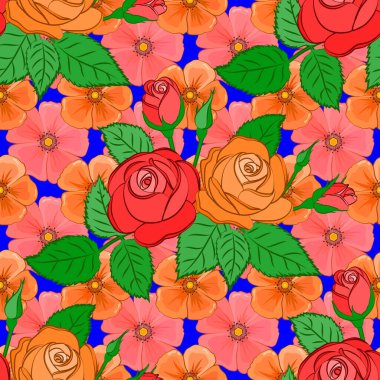 Şirin vektör çiçekli arka plan. Mavi arkaplandaki gül çiçekleri pürüzsüz desen.