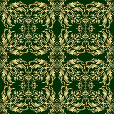 Altın gradyanı olan klasik, dikişsiz bir model. Altın süslemeli ve yeşil arka planlı vektör çiçekli zarif bir davetiye kartı..