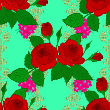 Web sayfaları, düğün davetiyeleri, tekstil, duvar kağıtları için vektör romantik arka plan. Suluboya gül çiçekleri ve yeşil yapraklar kırmızı ve morumsu renklerde kusursuz desen.