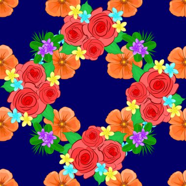 Çiçeksiz vektör deseni. Turuncu, yeşil ve mavi renkli güllerin ve yeşil yaprakların arka planı.