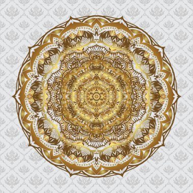 Arapça, Hintçe, Türkçe ve Osmanlıca kültür dekorasyonu. Kutlama, baskı ve kumaşın büyülü klasik şablonu. Gri arka planda etnik bir süs. El çizimi Altın Mandala vektörü kusursuz desen.
