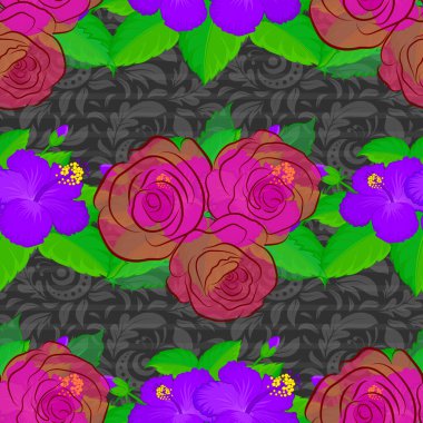 Tarzlı gül çiçekleri ve gri arka planda yeşil yapraklı kusursuz çiçek deseni. Vektör illüstrasyonu.