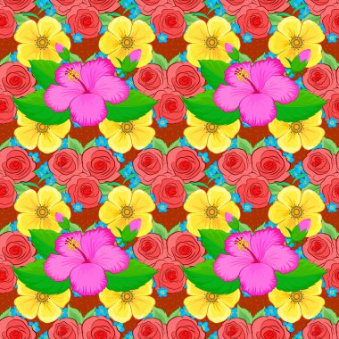 Pembe, sarı ve yeşil renklerde suluboya efektli tropikal amber çiçeklerinin vektörsüz deseni.