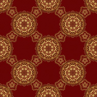 İslami doğuya özgü pürüzsüz desen. Duvar kağıdı, pankart, ambalaj, düğün kartı olarak kullanılabilir. Kırmızı arka planda soyut altın halka süsü. Müslüman, Doğu süsü, Hint süsü, İran motifi.