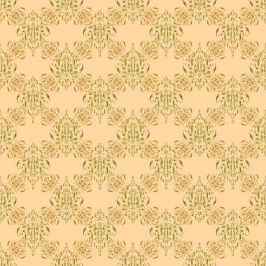 Bej arka planda soyut çiçekleri ve yıldızları olan vektör altın şebeke kusursuz desen. Yatak örtüsü, ceket, paket tasarımı, kumaş ve moda kavramları için doğu tekstil baskısı.