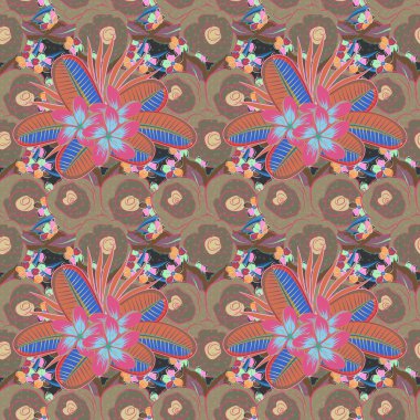 El çizimi çiçek unsurları olan soyut, pürüzsüz vektör deseni. Retro tekstil tasarım koleksiyonu. 1950-1960 motifleri. Plumeria çiçekli ipek eşarp menekşe, gri ve kahverengi renkler. Sonbahar renkleri.