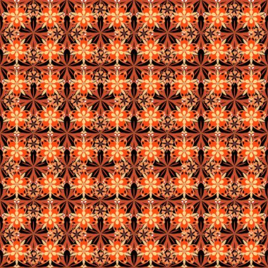 Hassas, soyut arkaplan dokuma çalışmaları. Renkli arkaplanda oryantal arabesk. Vektör parlak dantel, stilize çiçekler, şal desenli. Kusursuz kırmızı, sarı ve turuncu bukleler.