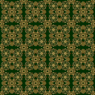 Yeni yıl 2018 tatil süslemesi. Altın geometrik elementlere sahip soyut ve soyut bir desen. Fan, Noel altınını şekillendirdi. Yeşil zemin üzerinde altın stilize yıldızlar.