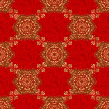 Kırmızı zemin üzerinde altın parıltılı kar taneleri. Kış kar tasarımı duvar kağıdı. Noel altını kar taneleri pürüzsüz desenli. Sembol bayramı, yeni yıl 2018 kutlaması. Vektör illüstrasyonu.