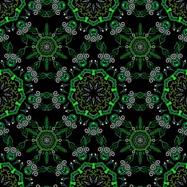 Tasarım, tekstil ya da kumaş için yeşil renkli vektörsüz çiçek deseni. Vektör illüstrasyonu.