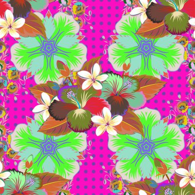 Motley illüstrasyonu. Küçük çiçekte sevimli bir şekil. Küçük renkli çiçekler. Yeşil ve mavi çiçekli bahar çiçekleri. Moda baskıları için zarif bir şablon.