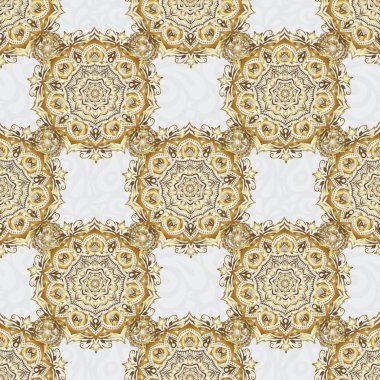 Kusursuz altın desenli bukleler. Doğu tarzı, gri bir arkaplanda arabesk. Vektör parlak dantel, stilize çiçekler, şal desenli. Zarif, altın arkaplan dokuması.