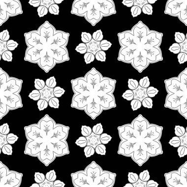 Siyah arka planda beyaz şebeke ile kusursuz desen. Vintage süsün vektör kare bileşimi.