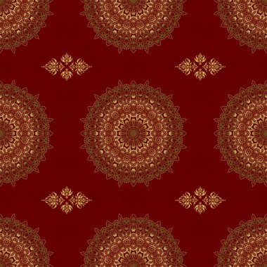 Altın antika süslemeli vektör kare kompozisyon. Kırmızı zemin üzerinde altın şebeke olan kusursuz desen.