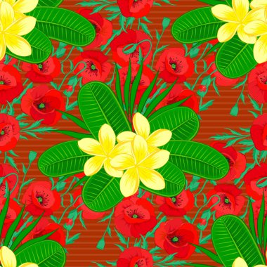 Şekillendirilmiş plumeria çiçekleri ve kahverengi arkaplanda yaprakları olan vektörsüz arkaplan deseni.