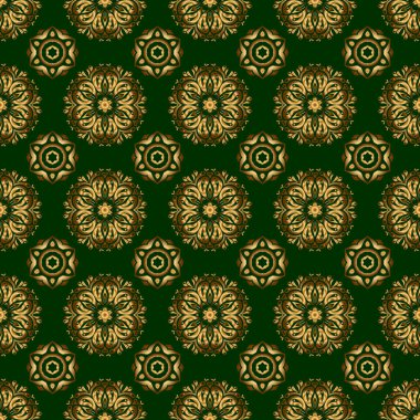 Parlayan Altın Elementlerle Zarif Noel Arkaplanı. Yeşil arkaplanda altın pürüzsüz desen.