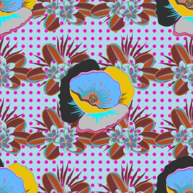 Çiçekli suluboya arkaplan. Yatak örtüsü, ceket, paket tasarımı, kumaş ve moda kavramları için vektör tekstil baskısı. Çiçeklerle kusursuz desen.