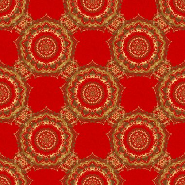 Altın doku. Soyut geometrik çizim. Kusursuz geometrik desen. Altın elementli geometrik süs. Kırmızı arkaplanda altın gradyanı olan kusursuz vektör deseni.