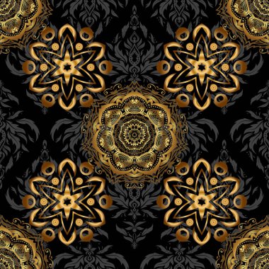 Klasik altın desenli, altın çiçekli süs desenli brokar desenli, cam desenli, çiçekli altın desenli siyah arkaplan..