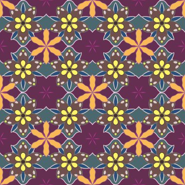 Mor, sarı ve kahverengi çiçeklerin vektör çizimi. Karışık arkaplanda çiçekler olan kusursuz desen.