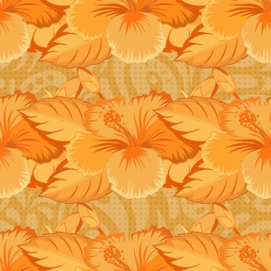 Açan orman, kusursuz amber deseni. Sarı, turuncu ve bej renkli tropikal çiçeklerle kusursuz egzotik desenler. Motley vektör illüstrasyonu.