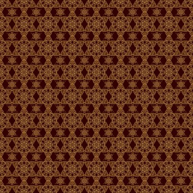 Duvar kâğıdı için altın süslü bir illüstrasyon. Doğu tarzında klasik altın elementler. Kahverengi arka planda geleneksel Arap dekorasyonu. Süslü dantel iz sürücü. Altın süslemeli kusursuz desen.