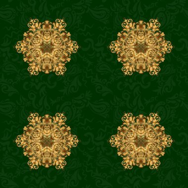 Doğu, İslam, Hintli, motif, canlanma. Altın mandala desenli, Arap kökenli. Etnik doku. Doğu, simetri danteli, kumaş, duvar kağıdı. Yeşil arkaplanda klasik dekoratif süs.